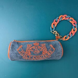 Juicy Couture Y2K Scottie Dog Denim Blue & Orange Small Barrel Wristlet.